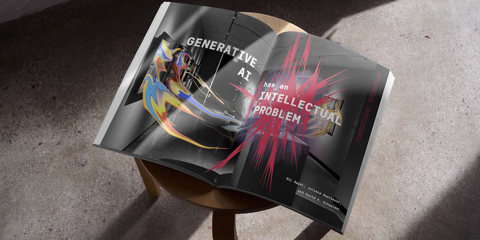 Image of an editorial spread with gallery paintings melting on a chair..