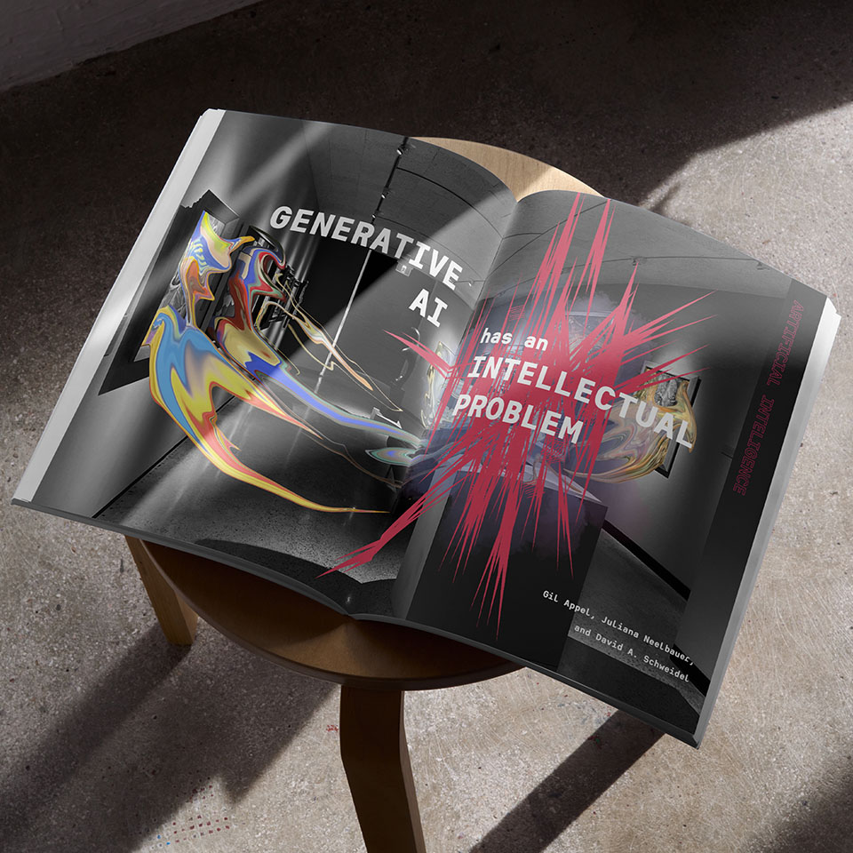 Image of an editorial spread with gallery paintings melting on a chair.