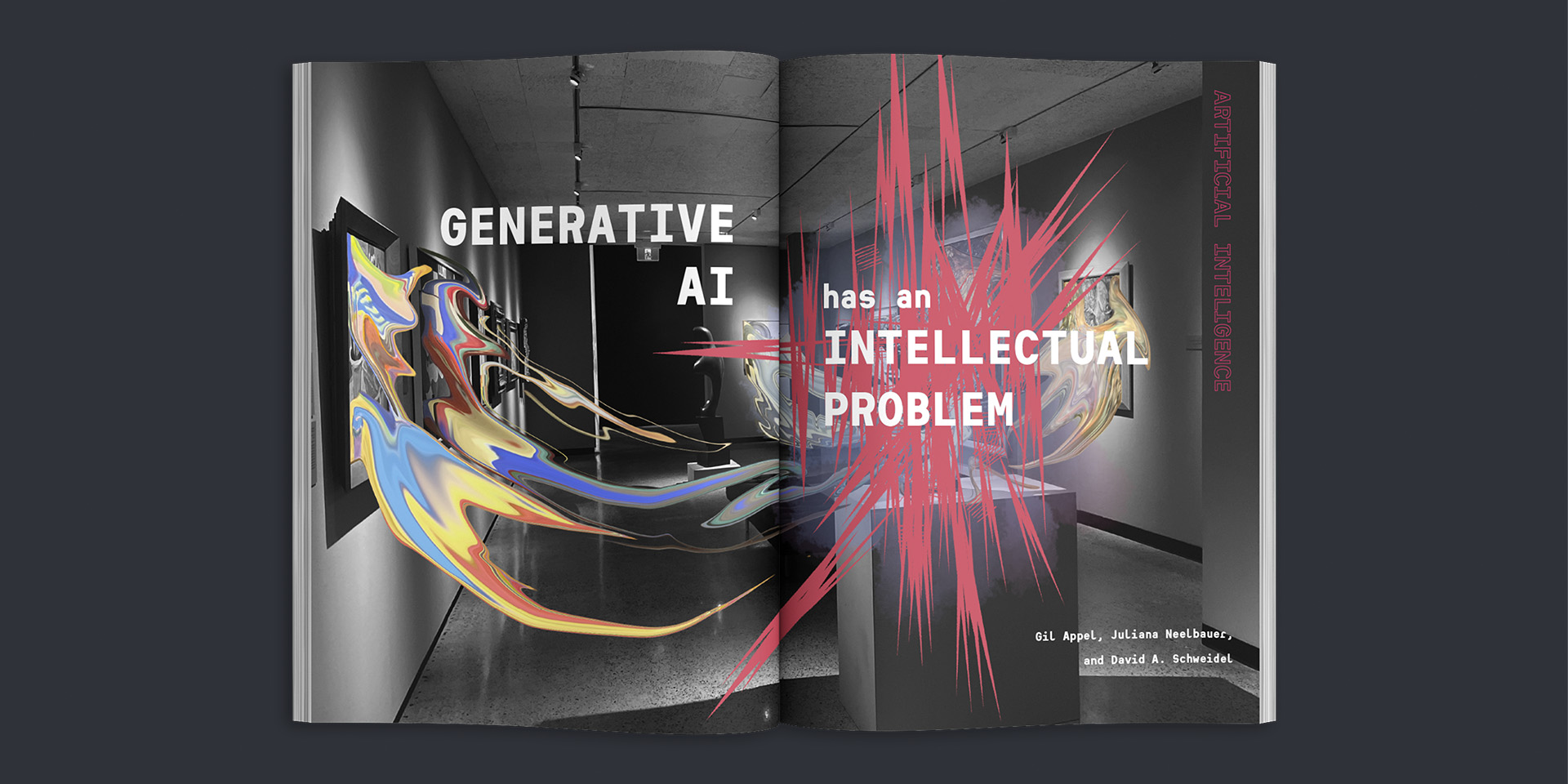 Image of an editorial spread with gallery paintings melting. 1st spread.