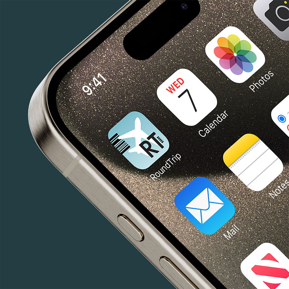 Image of the RoundTrip app icon on an iPhone.