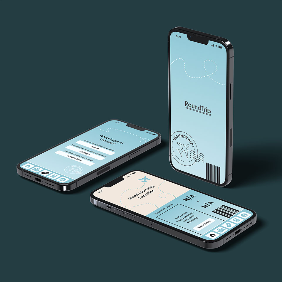 Image of 3 screens for the RoundTrip app.